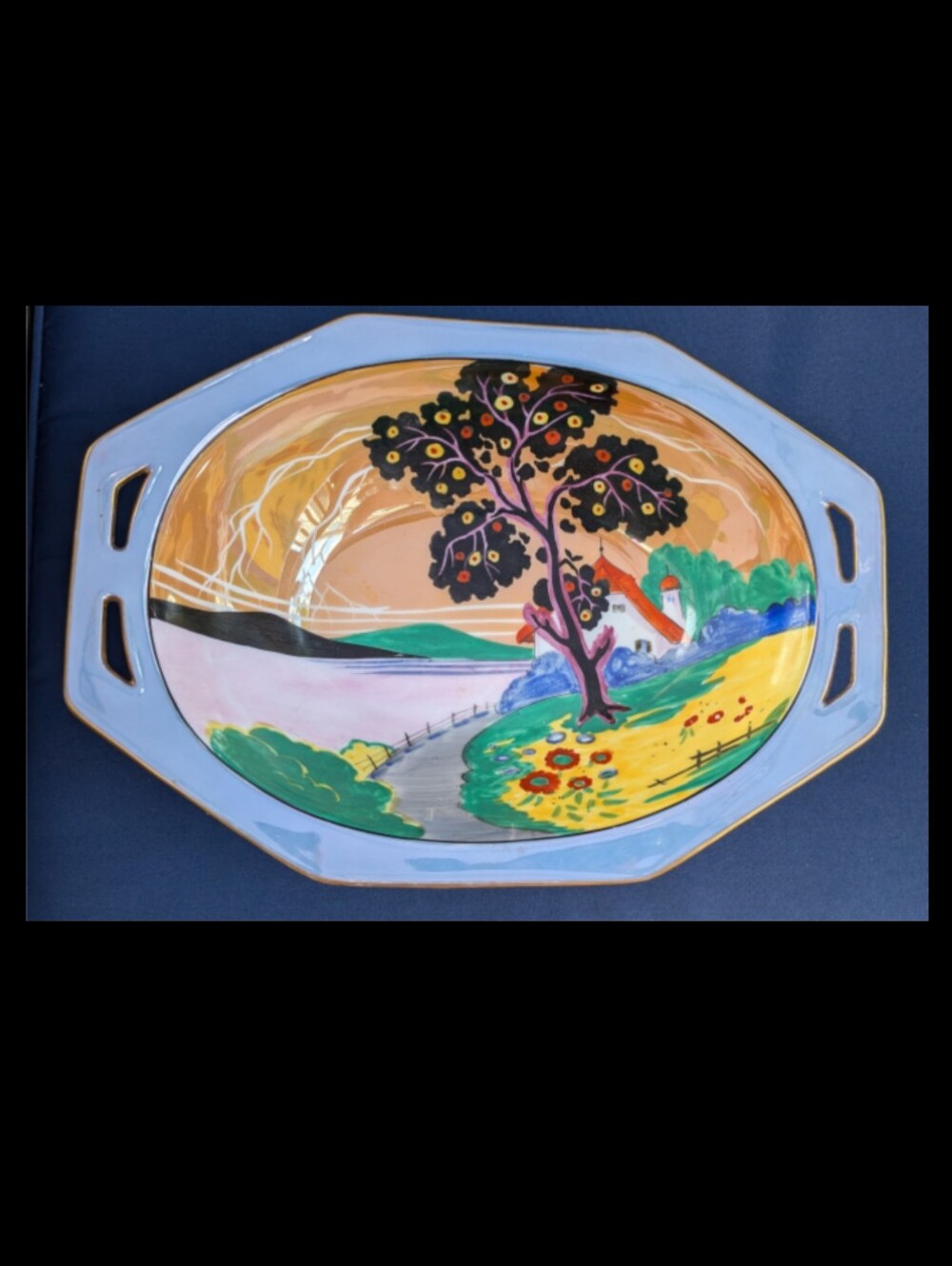 Noritake Pastel Scenic Ceramic Platter with Blue, Yellow, Pink and Green